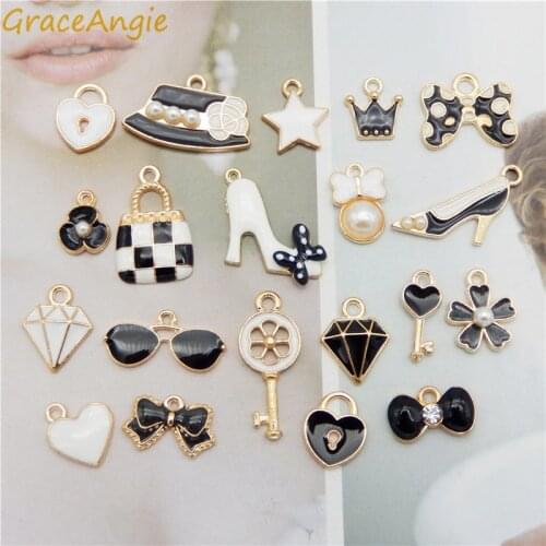 20pcs/pack Mix Black Wjite Charms Bow Heart Bag key crown star sunglass hat flower highheel shoes alloy pendant diy Earrings TOP