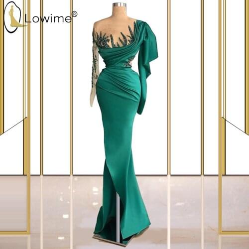 2021 Ilusion O Neck Green Mermaid Evening Dresses Long Sleeves Beads Satin Prom Party Gowns Slit Formal Dresses