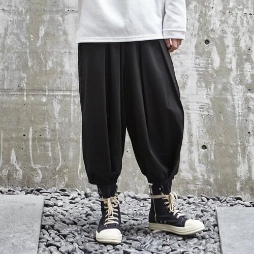 Men Black Loose Casual Elastic Waist Wide Leg Harem Pant Male Japan Streetwear Punk Gothic Hip Hop Cross Trousers Sweatpants