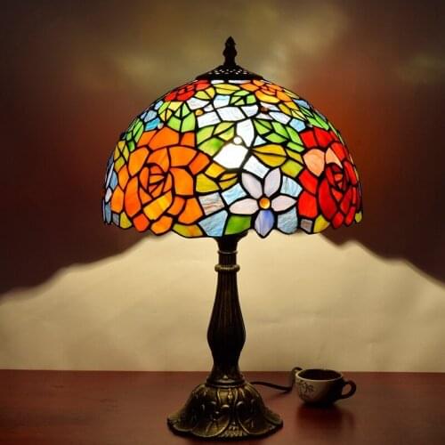 European Creative Garden Rose Bar Hotel Bedroom Bedside Lamp American Tiffany Stained Glass Lighting