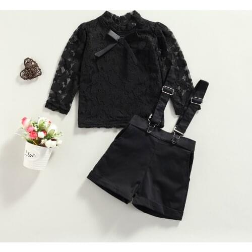 Fashion New Baby Girls 2Pcs Clothes Set Cotton Long Sleeve Floral Lace Tops+Suspender Shorts Overall Set Toddler Streatwear