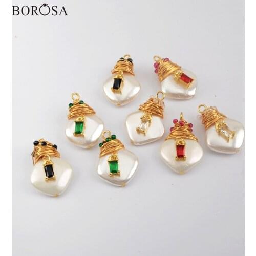 BOROSA Square Natural Pearl Pendant Charms with Micro CZ Baroque Gold Wire Wrapped Pearl Pendant for Women Jewelry Making WX1273
