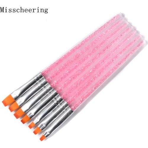 New 7Pcs/Set Pink Rhinestones Handle And Nylon Hair Nail Art Brush Pen For UV Gel Polish Painting Drawing Brushes Manicure Tools