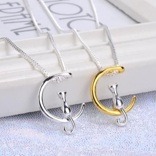 Charming Cute Animal Chain Necklace Sainio Cat On The Moon Pendant Necklaces Collier Femme Fashion Jewelry Gift