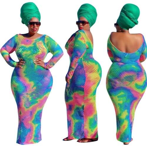 Fall Long Sleeve Bodycon Dress Women Hollow Out Tie Dye Skinny Mesh See-through Night Club Party Beach Dresses Plus Size XL~4XL