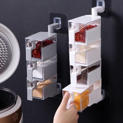 Plastic Square Spice Jar Seasoning Box Kitchen Wall Hanging Spices Cans Organizer Transparent Pp Salt Pepper