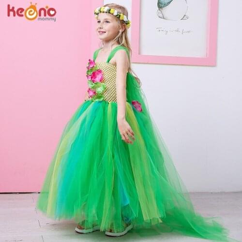 Green Flower Girls Elsa Tutu Dress Purim Cosplay Halloween Costume Kids Birthday Party Dresses Fever Inspired Handmade Dress