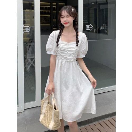 Dresses Women White Dress Female Summer 2021 New Design Sense Niche Temperament Waist Puffy Sleeve Dress