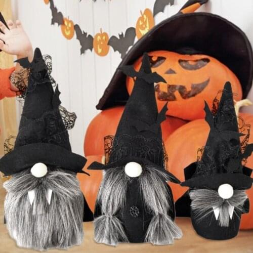 H55A Halloween Gnomes Plush Dwarf Christmas Decorations Gnome Plush Holiday Esstentials Black Witch with Grey Beards Cloak