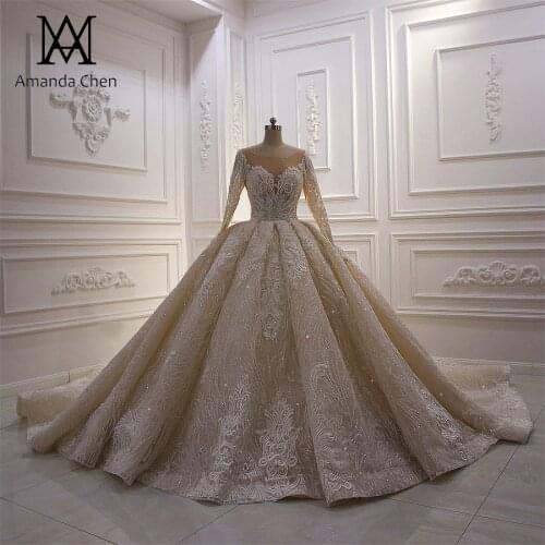 Robe mariee Long Sleeve Lace Appliques Champagne Wedding dress