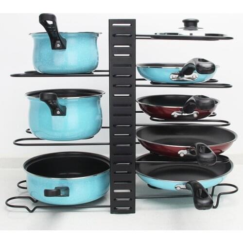 Iron Pot and Pan Organizer for Cabinet Expandable Kitchen Storage Rack Pantry Pot Lid Holder Countertop Cookware Organizer