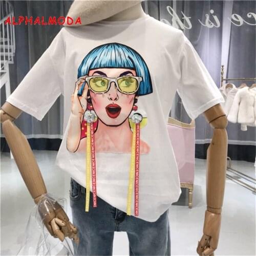 ALPHALMODA 2018 Summer 3D Cartoon Character Printed Women Slim Fit Casual Fashion T-shirts Short-sleeved Ribbon Trendy Tee Tops
