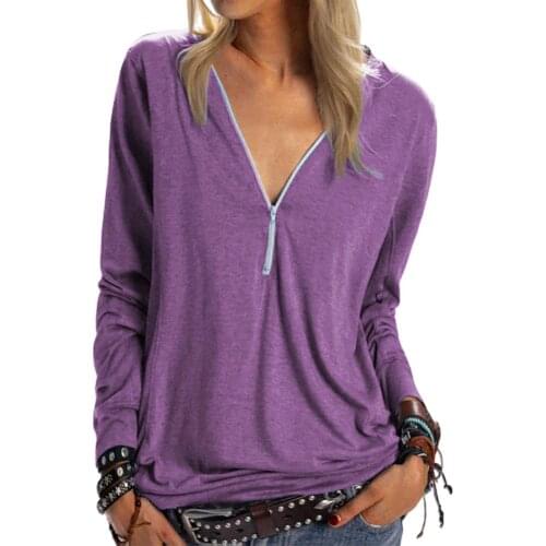 2020 woman tshirts Fashion Women Autumn Solid Color Zipper t shirt Neckline V Neck Top Pullover woman tshirts ropa de mujer