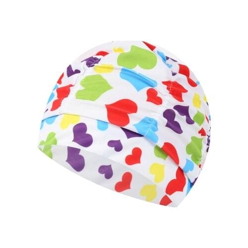 Heart Printed Women Swimming Cap Swim Pool Beach Protect Ears Hair Fabric Bathing Hat For Girls Long Hair Lady Swim Cap