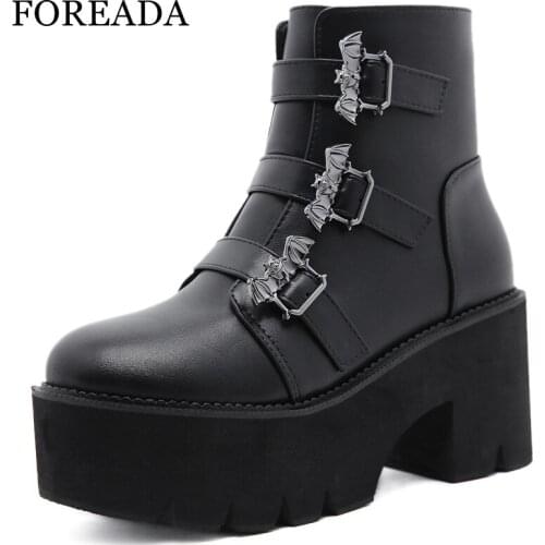 FOREADA Woman Motorcycle Boots Punk Style Platform Thick High Heel Shoes Buckle Round Toe Zipper Ladies Ankle Boots Autumn 35-43