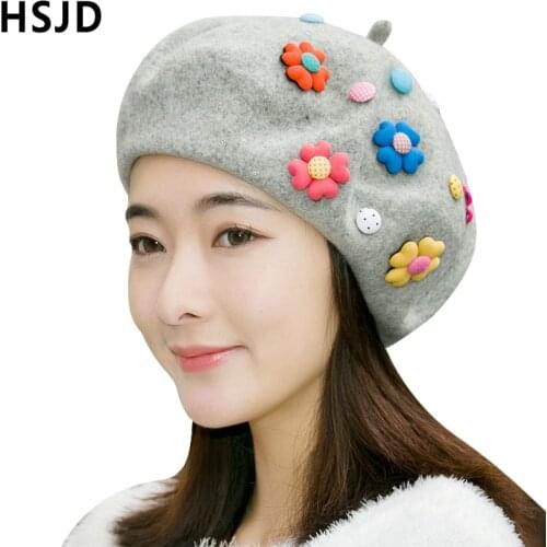 Women High Quality Solid Warm Wool Winter Beret Handmade flowers Elegant lovely Beret Lolita Caps Female Painter cap Girl Gift