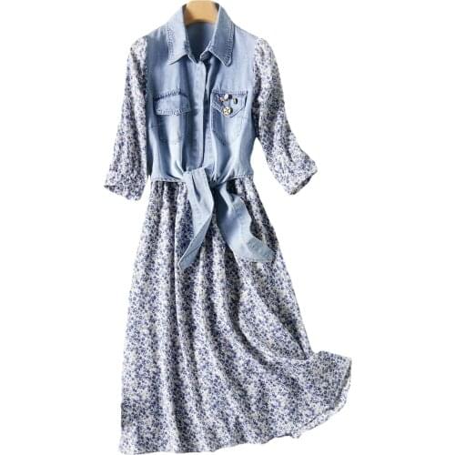 New Summer Printed Dress Short Sleeve Denim Jeans Patchwork Dress Female Sexy Slim Midi Long Casual Dress Beach Party Wear