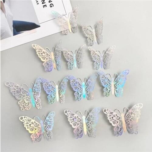 12 Pieces of Crystal Color Effect 3D Stereo Hollow Butterfly Artists Home Party Wall Decoration Background Wall Sticker