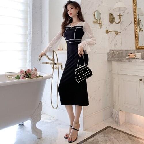 2019 Autumn Elegant Ladies Vintage Sexy Party Pencil Dress Mesh Patchwork Dress V Neck Long Flare Sleeve Women Dresses Vestidos