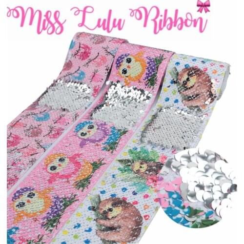 3"75mm Cartoon Sloth Double Reversible Silver Sequin Ribbon DIY Party Gift Bowknots Hair Band Happy Easter Day 46yards/roll