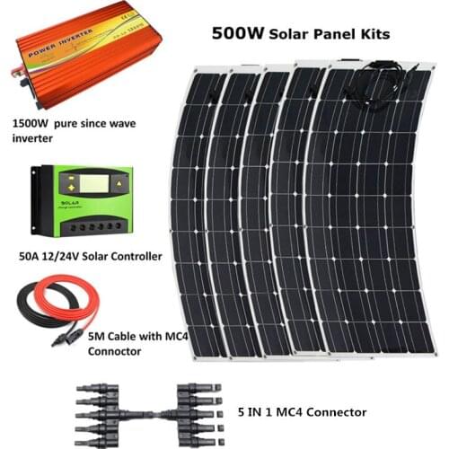 5pcs 100W Flexible Solar Panel Module with 1500w inverter and 50A LCD controller Houseuse Complete 500W Solar System Kit
