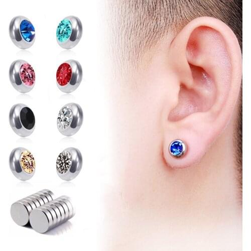 8mm 1 Pair Punk Steel Fake Piercing Magnetic Ear Stud Set Crystal Rhinestone Magnet Earrings Body Jewelry Fake Septum Piercing