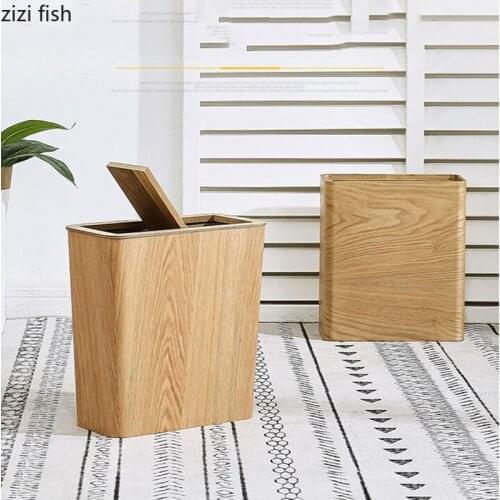 Wooden Square Rectangular Trash Can Swing Cover Waste Bins Wastebasket Garbage Bin Home Kitchen Trash Can Decoration Trash Bin