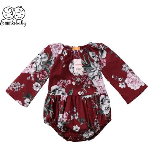 2018 new cute kid red floral print bodysuit Infant Baby Girls Cotton Flower Long Sleeve Bodysuit Jumpsuit fashion kid Outfits