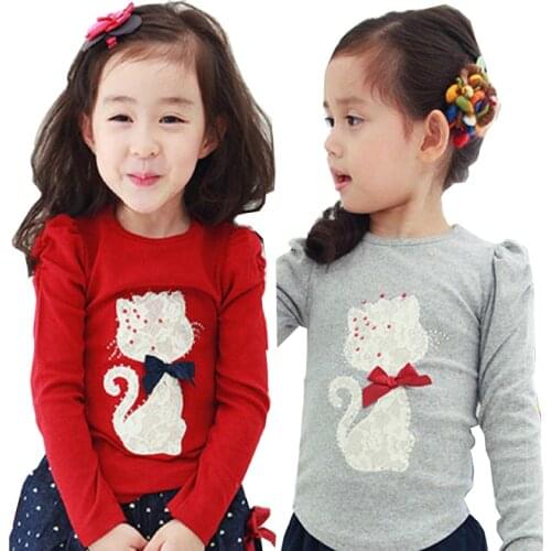 Girls Tshirt Spring Autumn Kids Clothes children T-shirts for Baby Girl Tops T Shirt cat cotton toddlers red grey