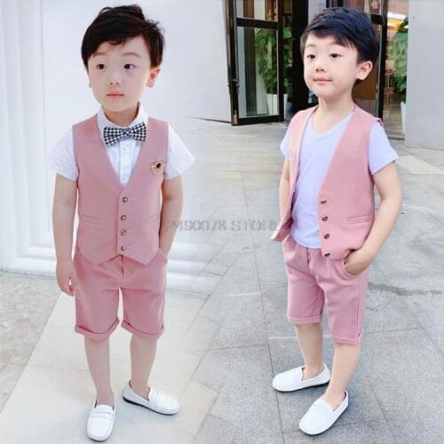 2020 Kids Summer Vest +Shorts 2Pcs Suit Flower Boys Formal Birthday Dress Kids School Host Dance Suit Clothing Set