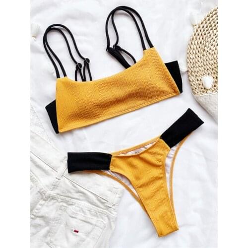 Low waist Black stitching Swimsuit Ladies sexy swimming suit women sling beachwear wholesale swimwear yellow thong Bikini 2021