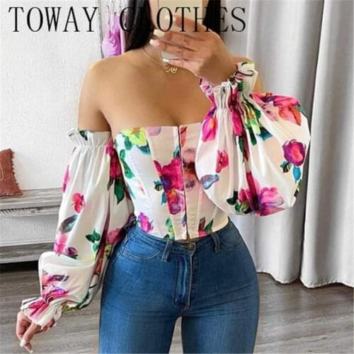 Summer Women Off Shoulder Lantern Sleeve Floral Print Top Casual Chic Sexy Blouse