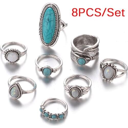 Knuckle Ring Bagues Femme Retro Antique Silver Color Opals Turquoises 8PCS Fashion Bohemia Midi Rings Sets For Women