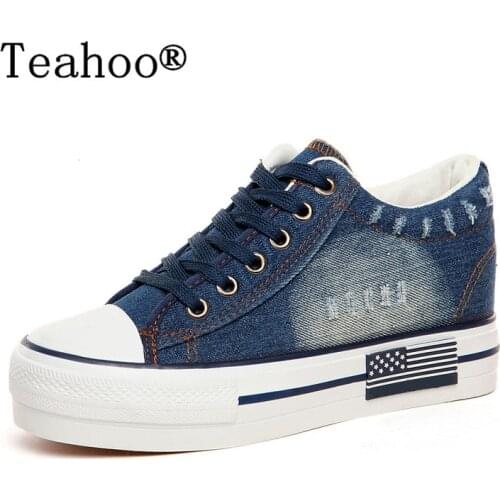 NEW Fashion 2017 Women Shoes Lace Up Casual Denim Canvas Shoes Woman Platform Casual Ladies Shoes Spring Summer Denim Shoes Plus