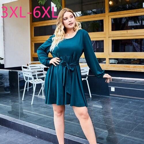 New 2021 spring autumn plus size mini dress for women large loose long sleeve green O neck pleated dress belt 3XL 4XL 5XL 6XL