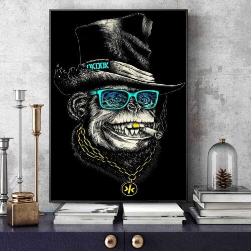 Black Hat And Golden Necklace Funny Smoking Monkey Poster And Print Canvas Painting On Wall Art Animal Picture Modern Home Decor
