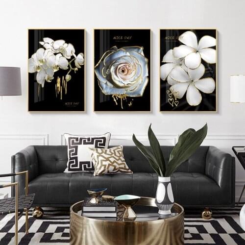 Black White Flowers Poster Gold Luxury Canvas Painting Print Modern Home Decor Wall Art Pictures Nordic Living Room Decoration