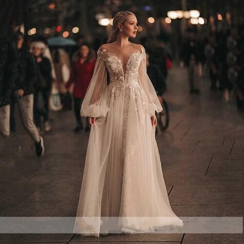 Princess Wedding Dresses Puff Long Sleeves Sweetheart Boho 3D Flowers Lace Appliques Backless Bridal Gowns Vestido De Novia 2021