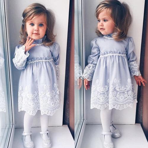 Brand New Princess Toddler Baby Girl Party Dress 2PCS Longsleeve Lace Flower Turtleneck Blue Dress+Hat Floral Chiffon Dress