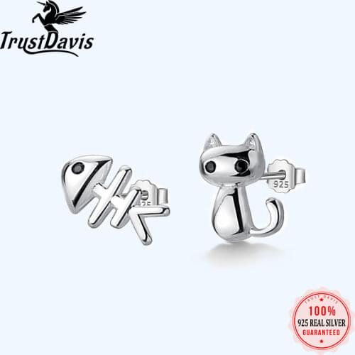 Trustdavis Genuine 925 Sterling Silver Sweet Asymmetric Cat Fish Bone CZ Stud Earrings For Women Wedding Jewelry DS2174