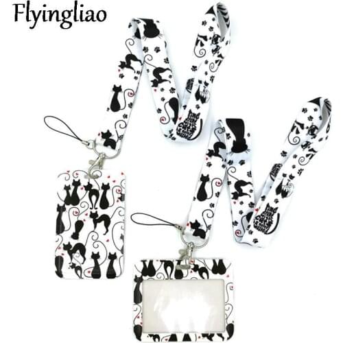 Black Cats Paws Lanyard Credit Card ID Holder Bag Student Women Travel Card Cover Badge Car Keychain Decorations