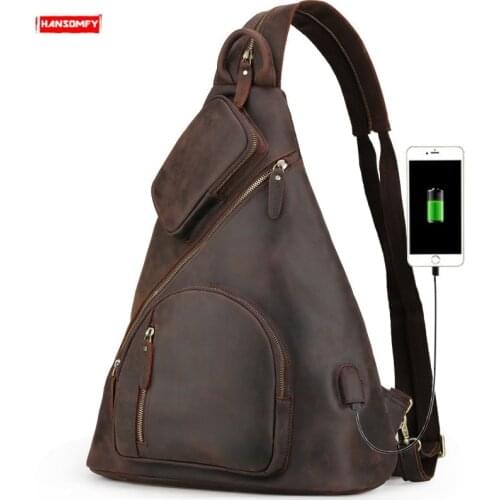 Mens Backpacks Large Capacity Chest Bag USB Charging Backpack Shoulder Bags Retro Crazy Horse Leather First Layer Leather Male