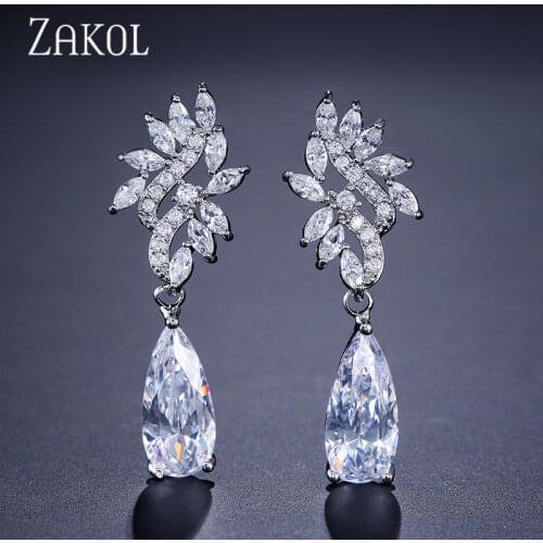 ZAKOL New Oval Simulated Pearl Earrings For Women CZ Stone Drop Earrrings Leaf Bride Earrings Fashion Jewelry Brincos FSEP2341