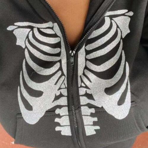 Skeleton Print Y2k Grunge Clothes Women Long Sleeve Sweatshirt Hoodie Zipper Loose Oversize Streetwear Casual 2021 Autumn Winter