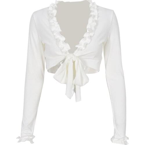 Women Fashion Long Sleeve Lace-up Slim Tops Female Stylish Solid Ruffles Crop Top White Exotic Novel T-Shirt for Ladies