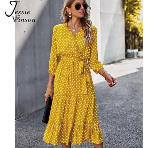 Jessie Vinson Vintage Polka Dots Long Dress Women 3 Quarter Sleeve V-Neck Ruffles Tunic Dress with Sash Office Robe Vestidos