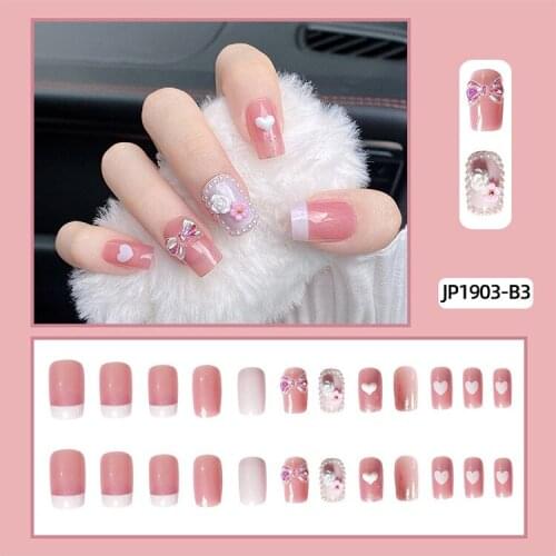 24pcs Pink Love Heart Printed Fake Nails Glue Type Removable Long Paragraph Fashion Manicure Fully Covered Nail Decoration