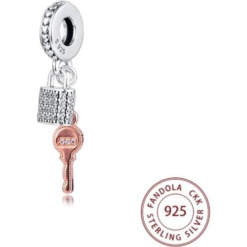 Authentic 925 Sterling Silver Pave Padlock and Key Dangle Charms Fits Pandora Bracelet Beads for Jewelry Making Berloques