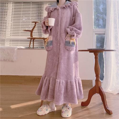 Long Section Robe Thickened Coral Velvet Pajamas Female Autumn and Winter Korean Version of The Lovely Nightgown Home Wear