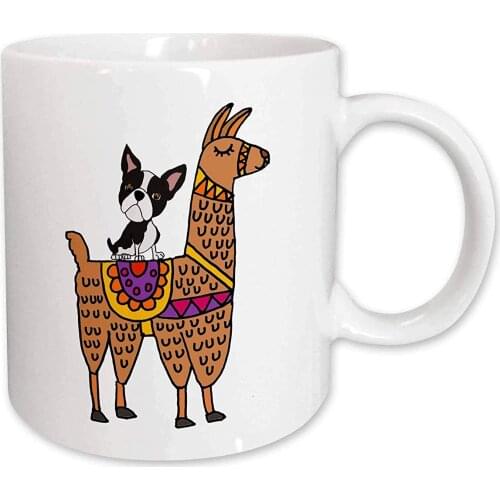 Funny Cool Boston Terrier Dog Riding Llama Cartoon Mug, 11 oz